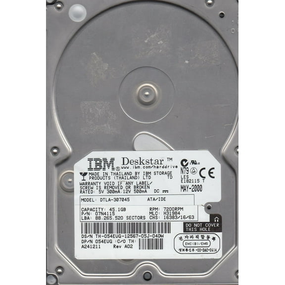 DTLA-307045, PN 07N4115, MLC H31984, IBM 45.1GB IDE 3.5 Hard Drive