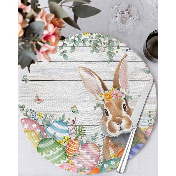 13 Inch Round Placemats Set of 6, Easter Bunny Non Slip Heat Insulation PP Table Mats, Colorful Easter Eggs Eucalyptus Grey Wooden Washable Place Mats for Kitchen Dining Party Table Decor