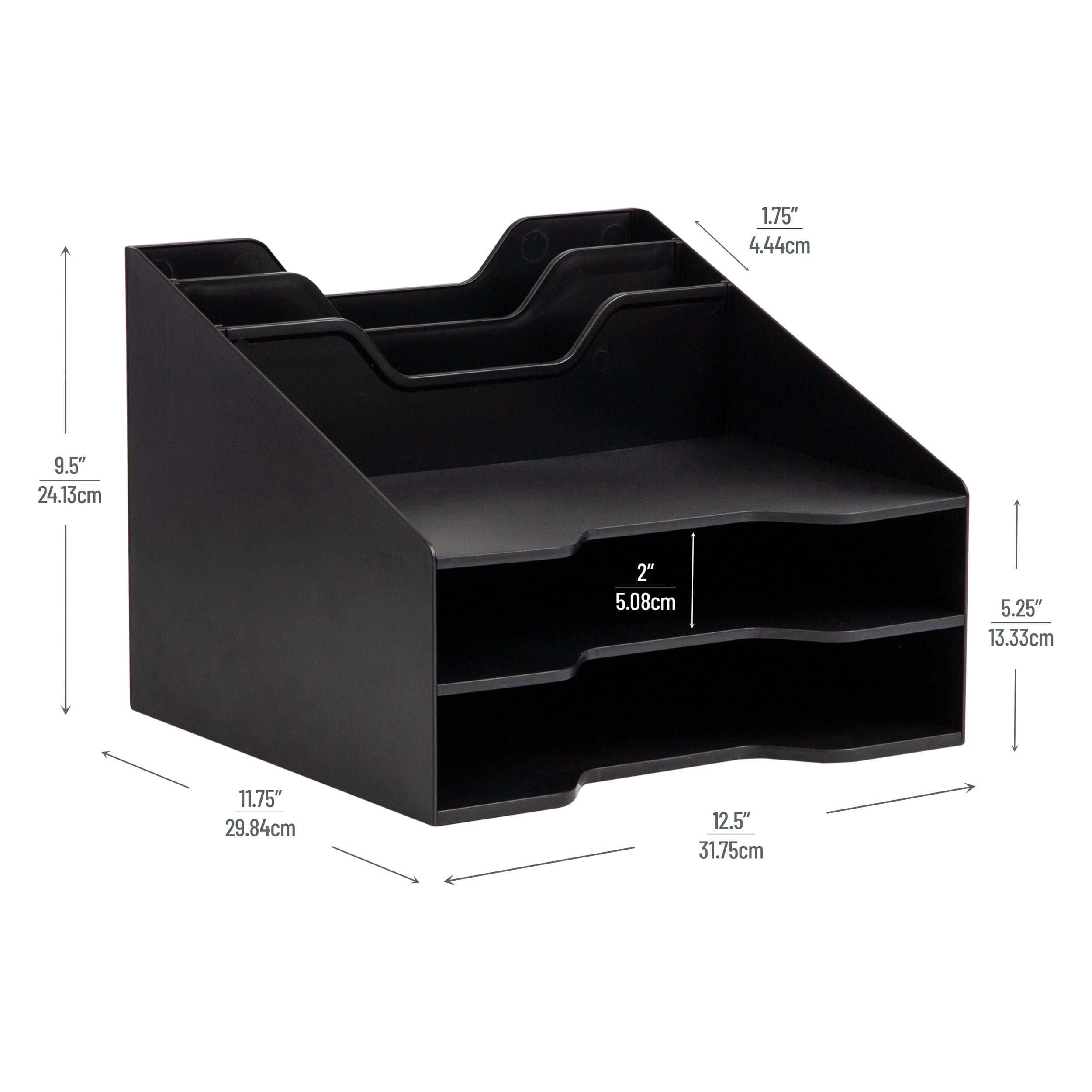 Mind Reader Desktop Organizer, Vertical File Holder, Paper Trays, Office, Plastic, 12.5"L x 11.75"W x 9.5"H, Black