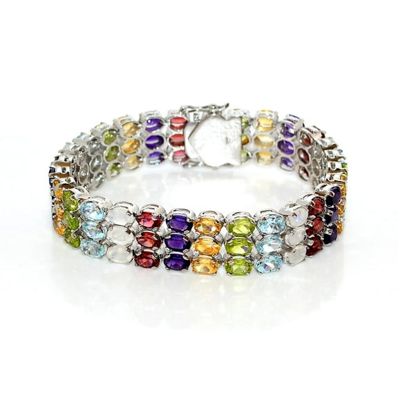 Multi Color Gemstones Bracelet Jewelry Oval Shape Stones 3 Line,Silver,wedding,valentine gift for women