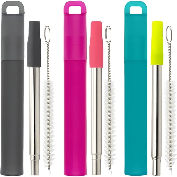 ACDANC 2026 New Metal Reusable Straws,3 Pack Collapsible Portable Stainless Steel Straws,With Plastic Housing Silicone Tips and Cleaning Brush,Retractable Portable Pocket Drinking Straws