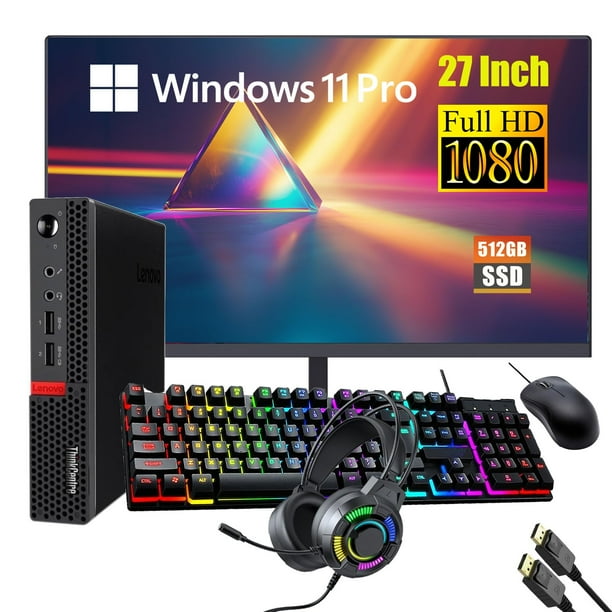 Lenovo ThinkCentre M910q Tiny Desktop Computer Mini PC, Monitor FHD 27”, Auriculares RGB, Core i5-6500 3.2GHz, 16GB DDR4 RAM, 512GB SSD, Teclado y Mouse, Windows 11 Pro(reacondicionado)
