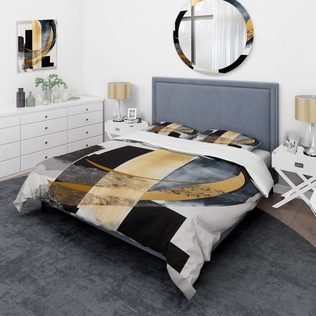 Designart "Glamorous Art Deco Abstraction I" Abstract Bedding Covert Set - Modern Black Transitional Bed Set With 1 Sham