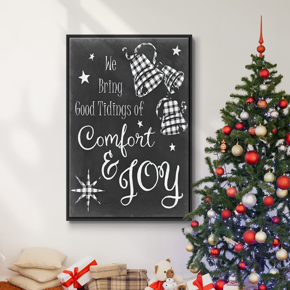 Comfort and Joy - Framed Gallery Wrapped Holiday Canvas - 17 x 25 - Black Frame