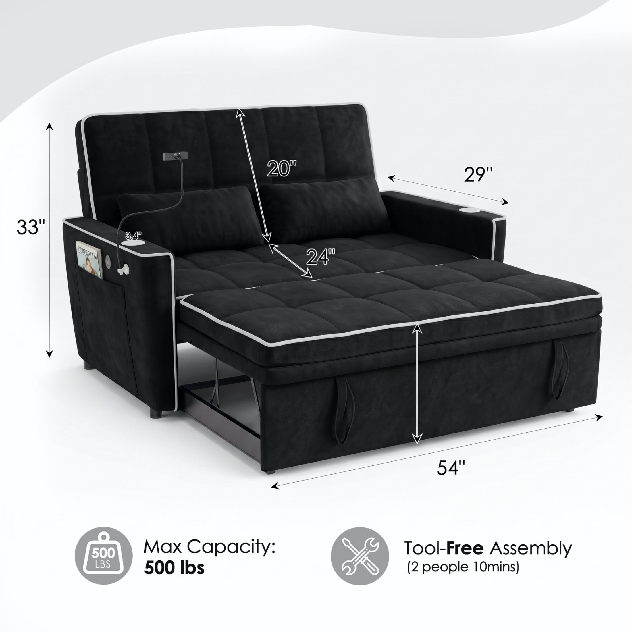 Vinform Sleeper Sofa Bed, 3 in 1 Convertible Loveseat with Phone & Cup Colder for Small Space, Black