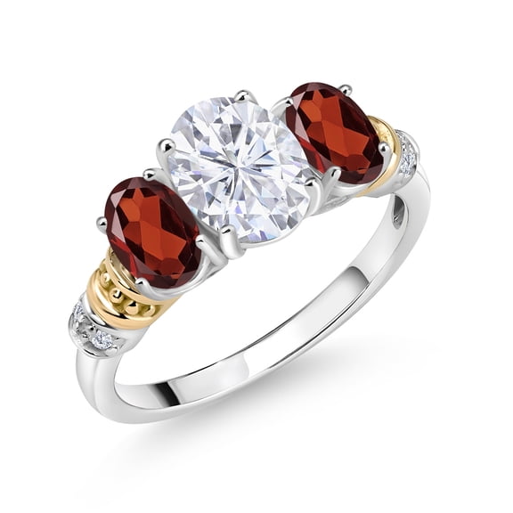 Gem Stone King 925 Sterling Silver and 10K Yellow Gold Oval White Moissanite Red Garnet and White Diamond 3 Stone Ring for Women (2.67 Cttw, Gemstone Birthstone, Size 7)