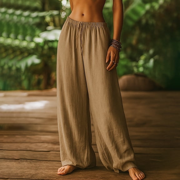 Endives Women's Baggy Linen Pants Wide Leg Pants Basics Elastic Waist Comfortable Quick Drying Soft Pant Streetwear Beach Khaki