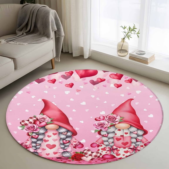 Round Area Rug 4 Ft, Valentine's Day Washable Non-Slip Circle Carpet for Living Room/Bedroom, Ombre Pink Gnomes Love Roses Romantic Low-Profile Crawling Mats Collection Rugs for Indoor