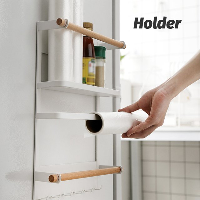 Fridge Holder Kitchen Organizer Multipurpose Refrigerator Storage Metal Spice Home Multipurpose Rack Shelf Hanging Paper Towel Metal Accessories Black