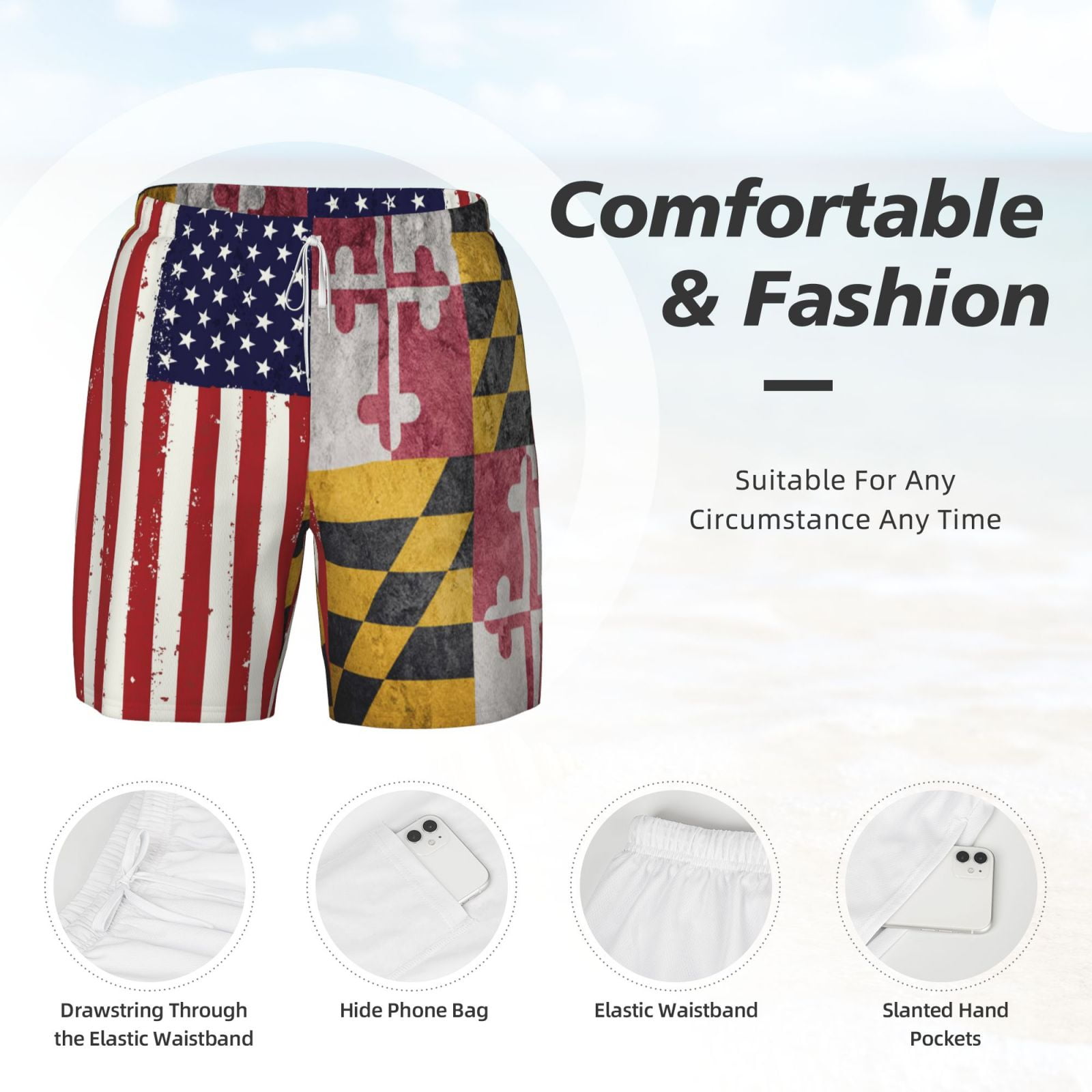 Men's Grunge America Maryland Flag Swim Trunks with Compression Liner Bathing Suit Swimwear