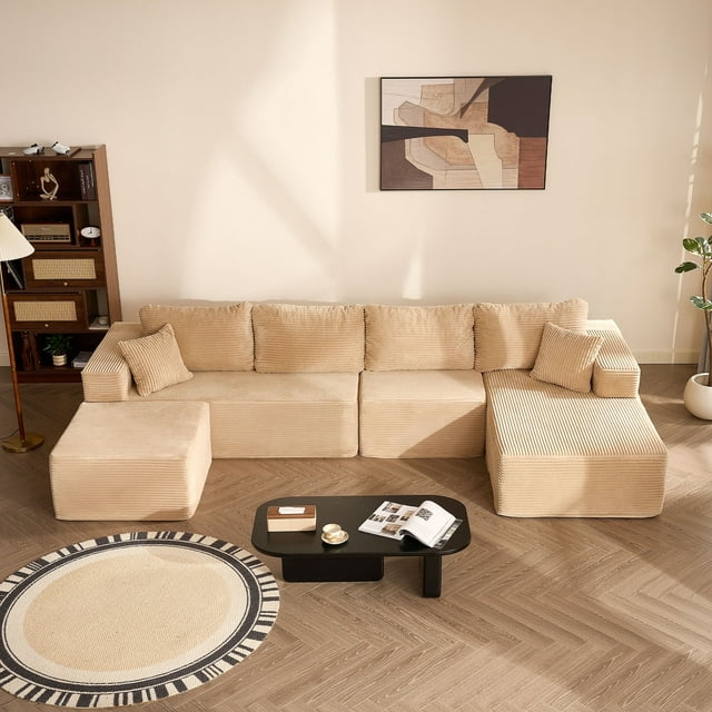 BIGSYY 138" Boneless Couch with Deep Seat, Modular Sectional Sofa, Cloud Sectional Couch for Living Room, No Assembly Required, Corduroy, U-Shape 4 Seater Right, Camel