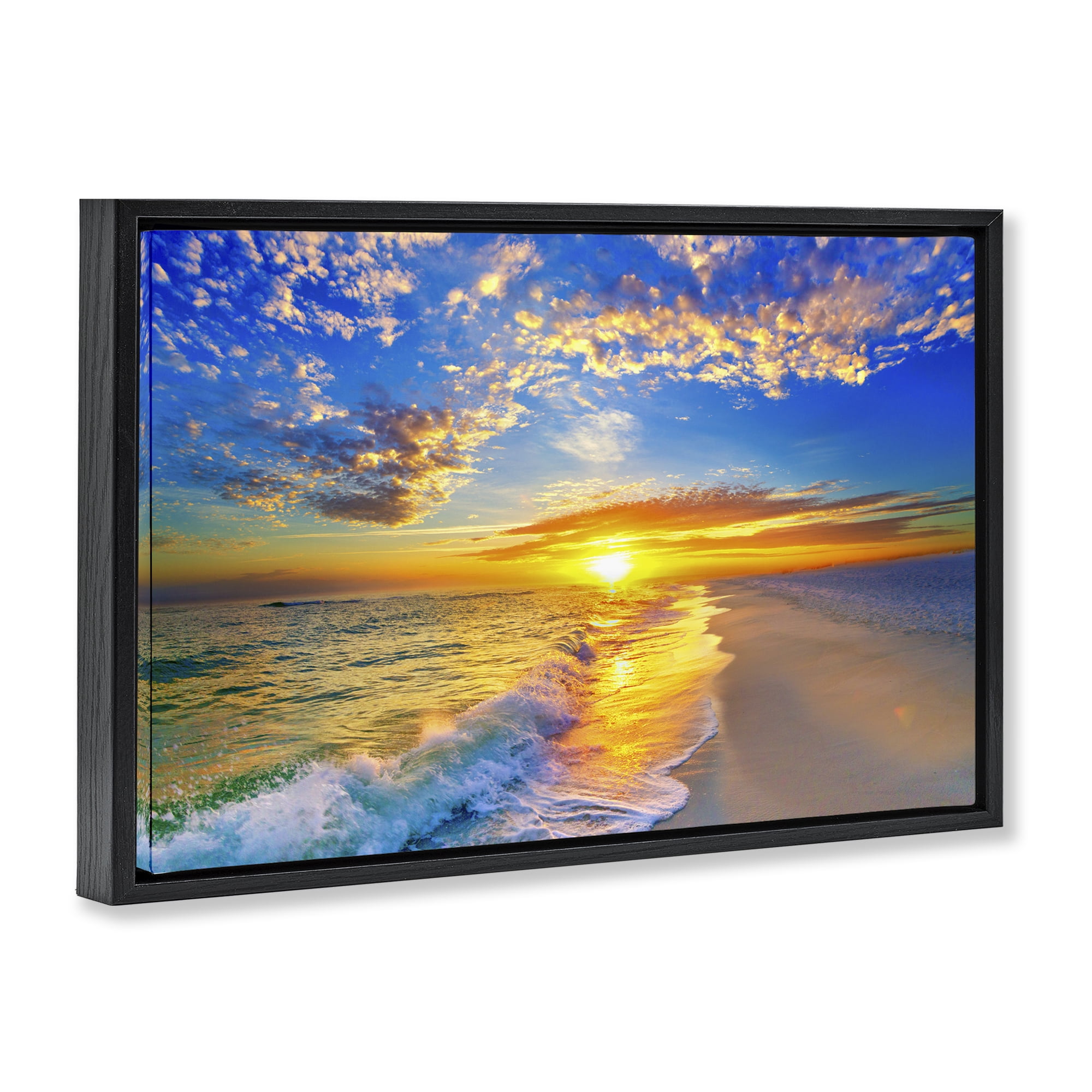 Stupell Industries Golden Sunset Beach Blue Sky Black Framed Floater Canvas Wall Art, design by Eszra Tanner