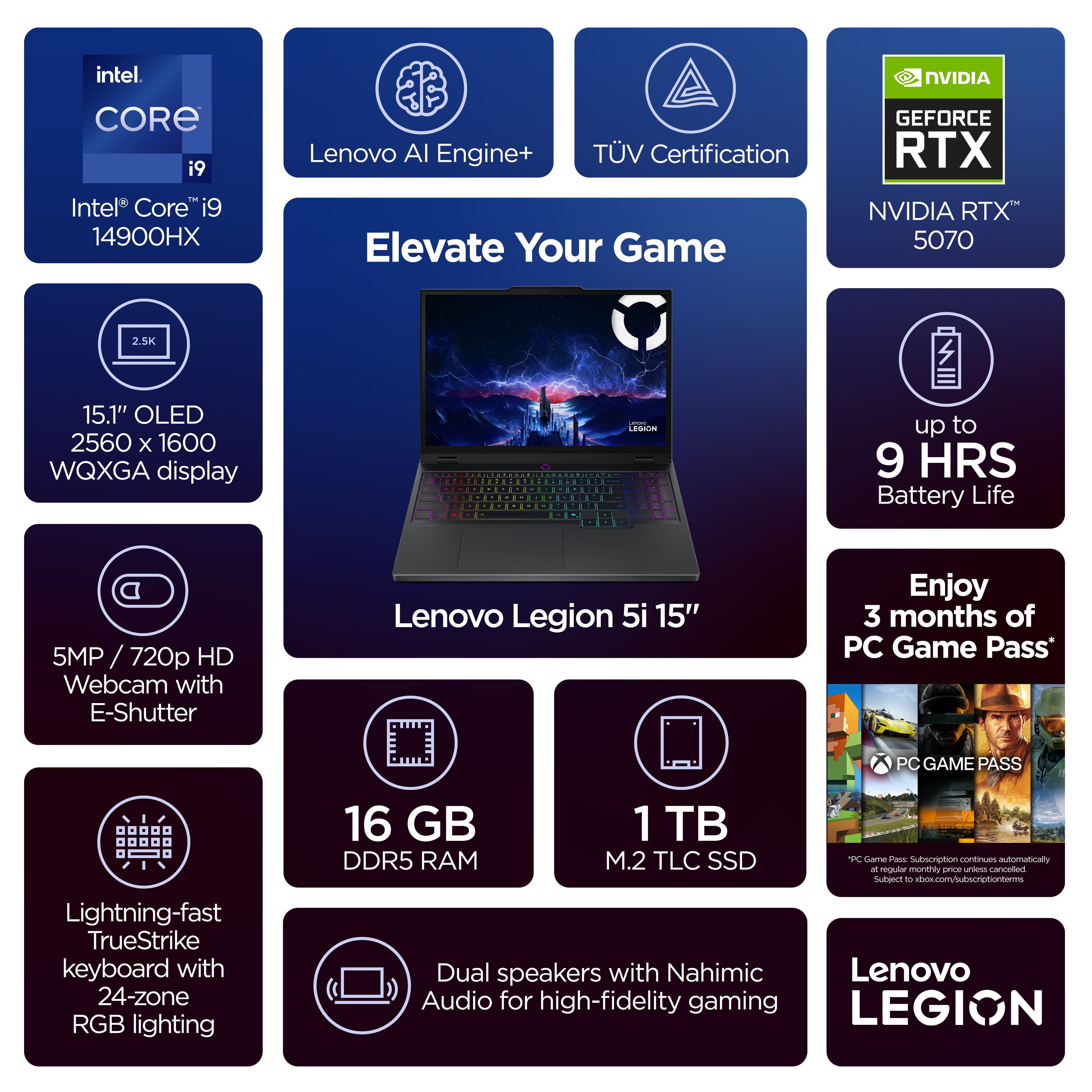 Lenovo Legion 5i 15.1" OLED WQXGA Laptop, Core i9 14900HX, 16GB, 1TB, NVIDIA® GeForce RTX™ 5070 8GB, 83LY0007US