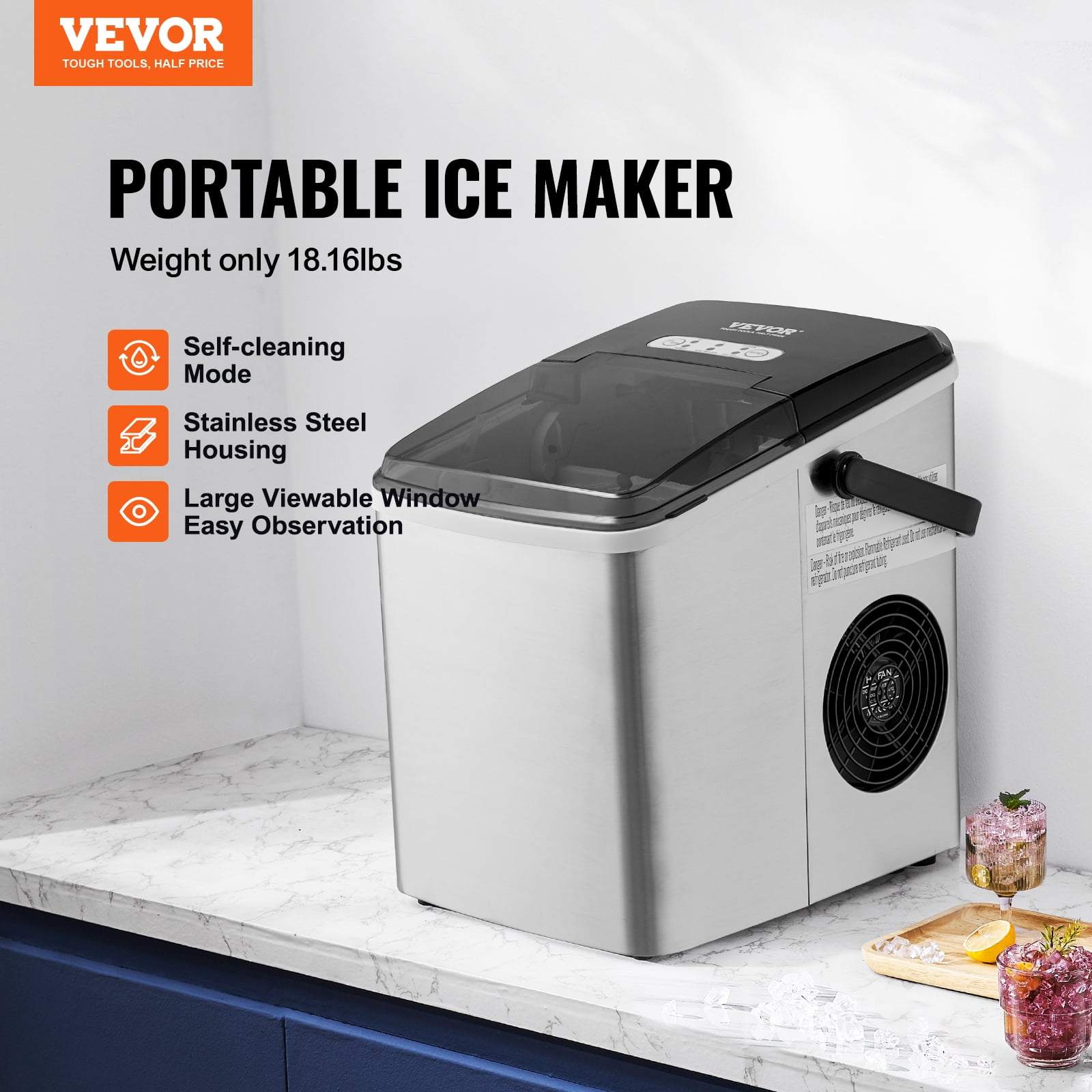 VEVOR Portable Countertop Clear Ice Maker Machine, Stainless Steel 26lbs/24hrs Portable Countertop Bullet Cubed Ice Maker