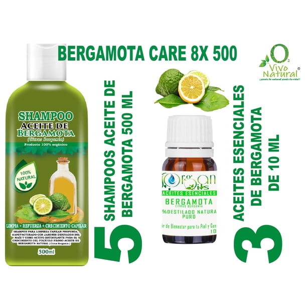 Bergamota Care 8X 500 VIVONATURAL. 5 Shampoos Aceite de Bergamota 500 ml + 3 Aceites Esenciales de Bergamota 10 ml