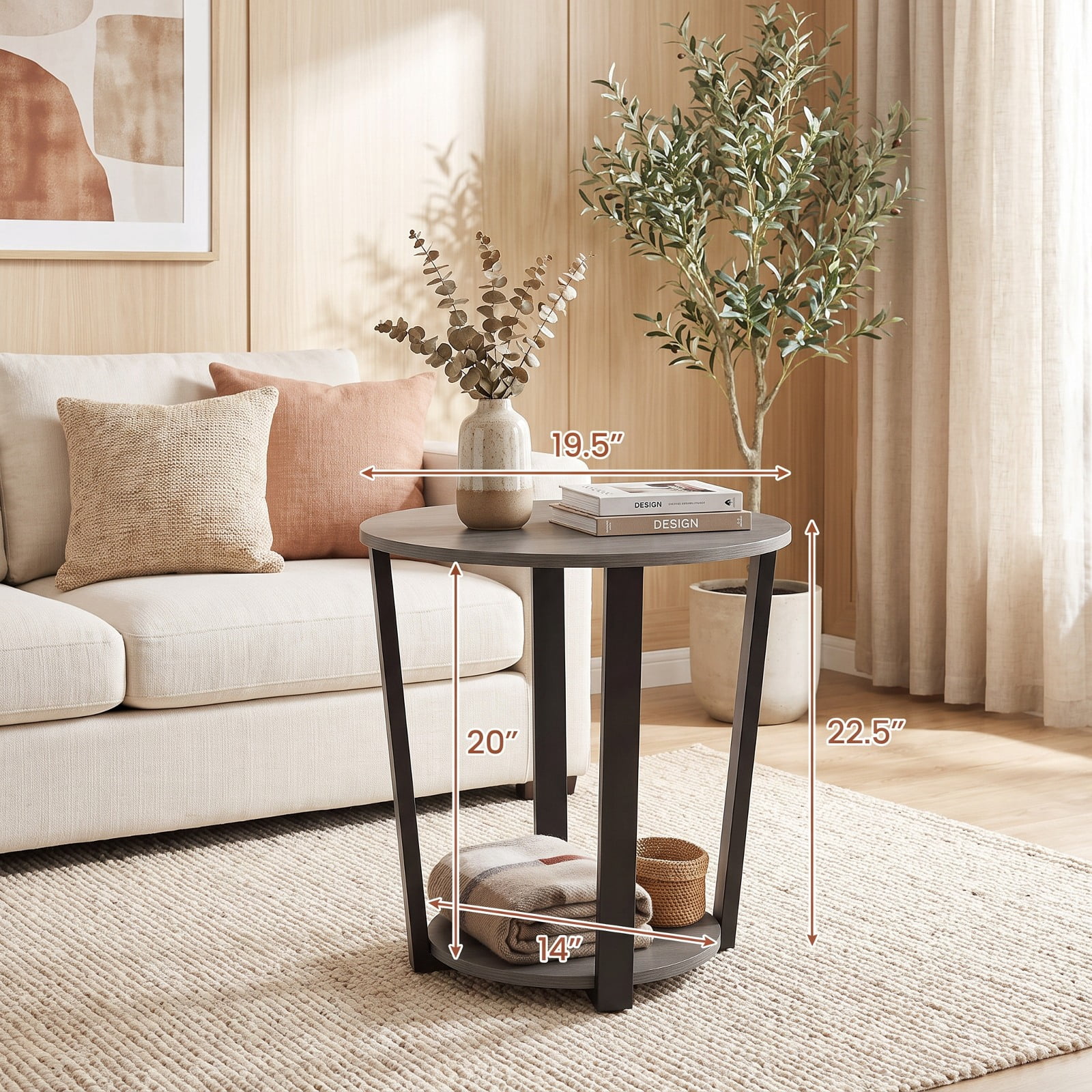 Furnibear 2 Tier Round End Table with Storage Shelf and Metal Frame for Living Room Bedroom and Office Nightstand Side Table, Oak