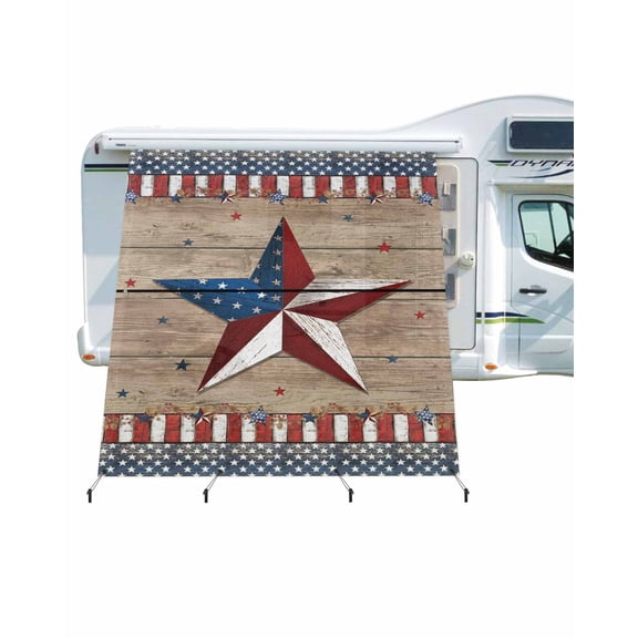 4th of July RV Awning Sun Shade Screen 9'X7' Patriotic Stars Mesh Sunscreen Red White and Blue Wood Grain Awning Shade Screen with Zipper UV Blocker Completed Kits for RV Motorhome Camper