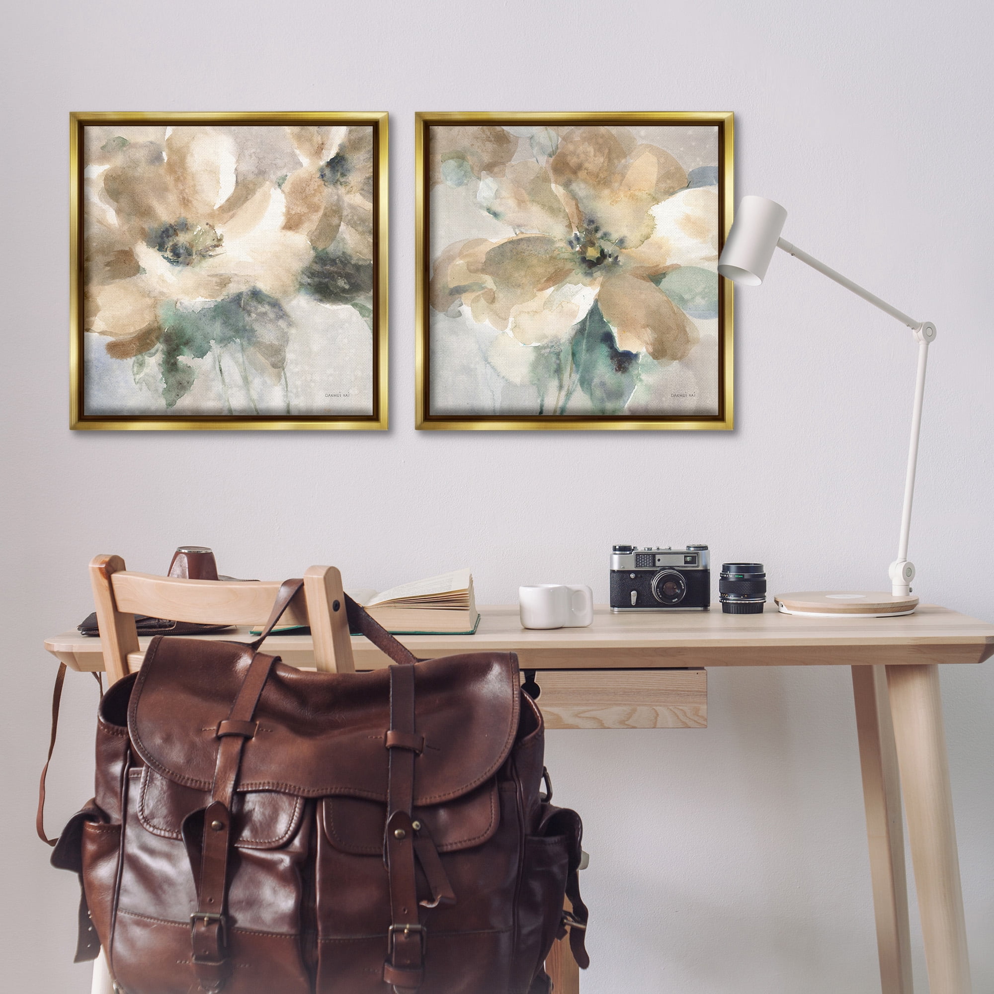 Stupell Industries Abstract Beige Flowers Botanical & Floral Painting Gold Floater Framed Canvas Art Print Wall Art, 25 x 25, Set of 2