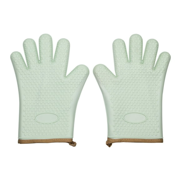 KAUKKO Silicone Cooking Gloves, Heat Resistant Oven Mitt for Grilling, BBQ, Kitchen, Safe Handling of Pots and Pans, Cooking & Baking Non-Slip Potholders, Internal Protective Cotton Layer (Green)
