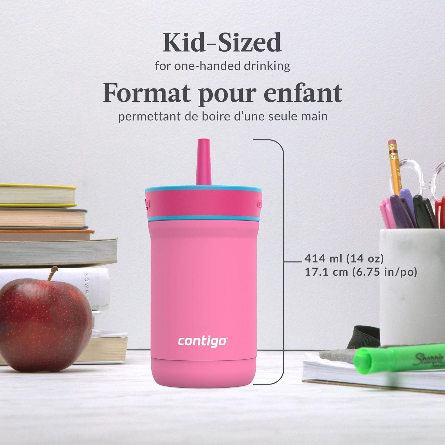 Contigo Kids Leighton Spill-Proof Stainless Steel Tumbler with Straw, 12 oz (354 mL), Azalea & Strawberry