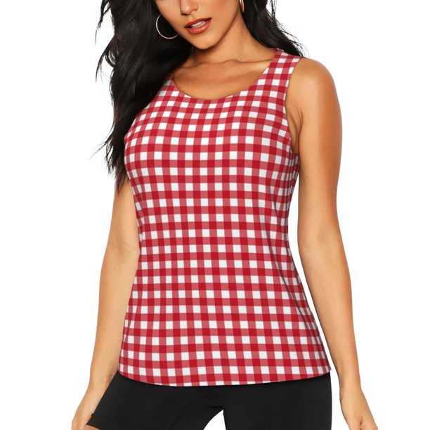 Balery Red Checkboard Camiseta sin mangas estampada ligera para mujer, tops de entrenamiento sin mangas, camisetas de yoga transpirables de secado rápido.-Small
