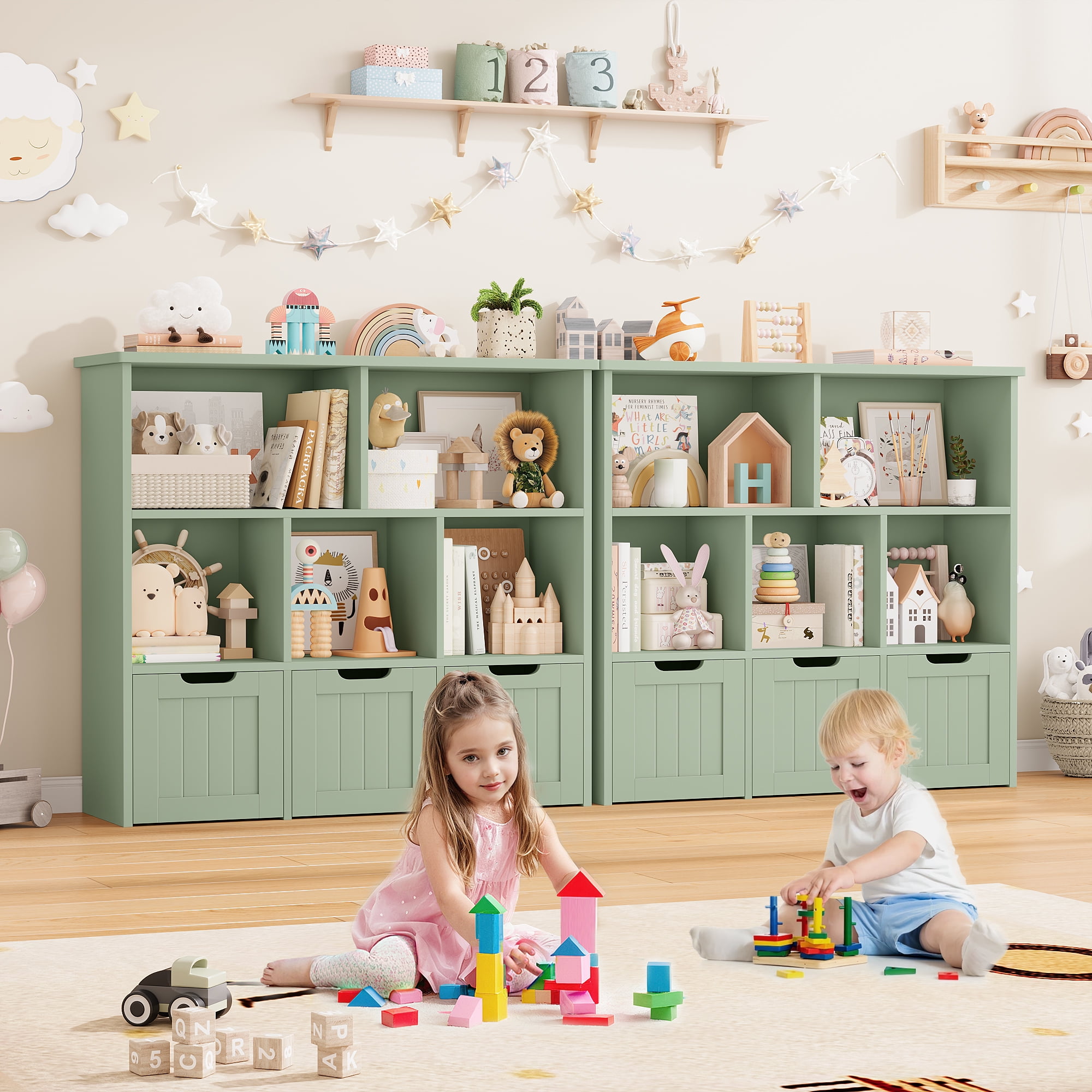 Homfa Toy Storage Organizer with 3 Movable Drawers, 5 Cube Kids Bookcase for Playroom, Storage Cabinet for Living Room, Green Finish