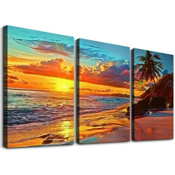 Ullo0ord Canvas Wall Art Tropical Beach At Sunset Seascape Picture Paintings Artwork Prints Ready to Hang for Home Office Bedroom Living Room Bathroom Kitchen Wall Decor 12x16x3pcs