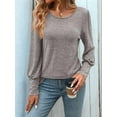 thumbnail image 2 of Women'S Puff Short Long Sleeve Tops Crewneck Loose Casual Blouse Shirts with Button Details Shallow Khaki S, 2 of 7