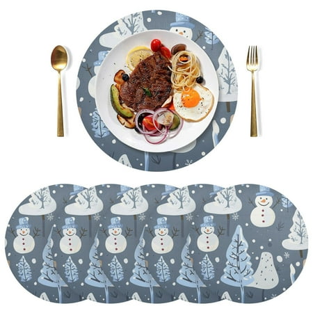 

Round Placemats Plate Mats 15 Inch Non-Slip Heat Resistant Washable PVC Set Table Decoration for Kitchen Dining Snowman and Tree