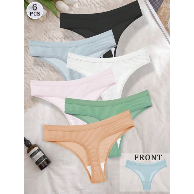 6 Piezas Bragas T-Back Canalé Sin Costuras Multicolor-5