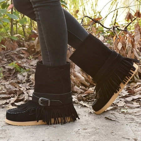 

YOTAMI Women s Boot Tassel Boots For Suede Ankle Booties Winter Round Toe Vintage Fringe Mid-Calf Flat Shoes Outerwear Black 9