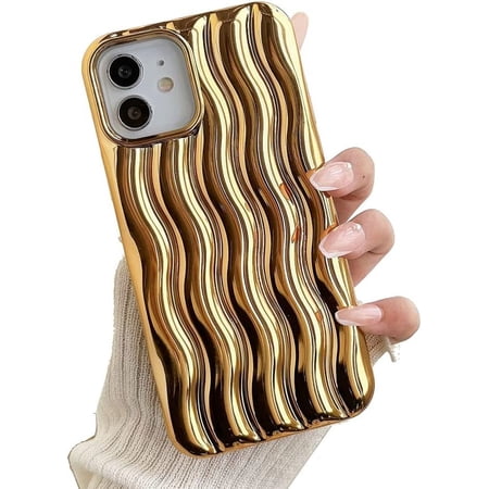 for iPhone Case Cute 3D Wave Shape Curly Frame Edge Design Soft Silicone Protective Bumper Women Girl Slim Shockproof (Shiny Plated Gold iPhone 12 12 Pro)