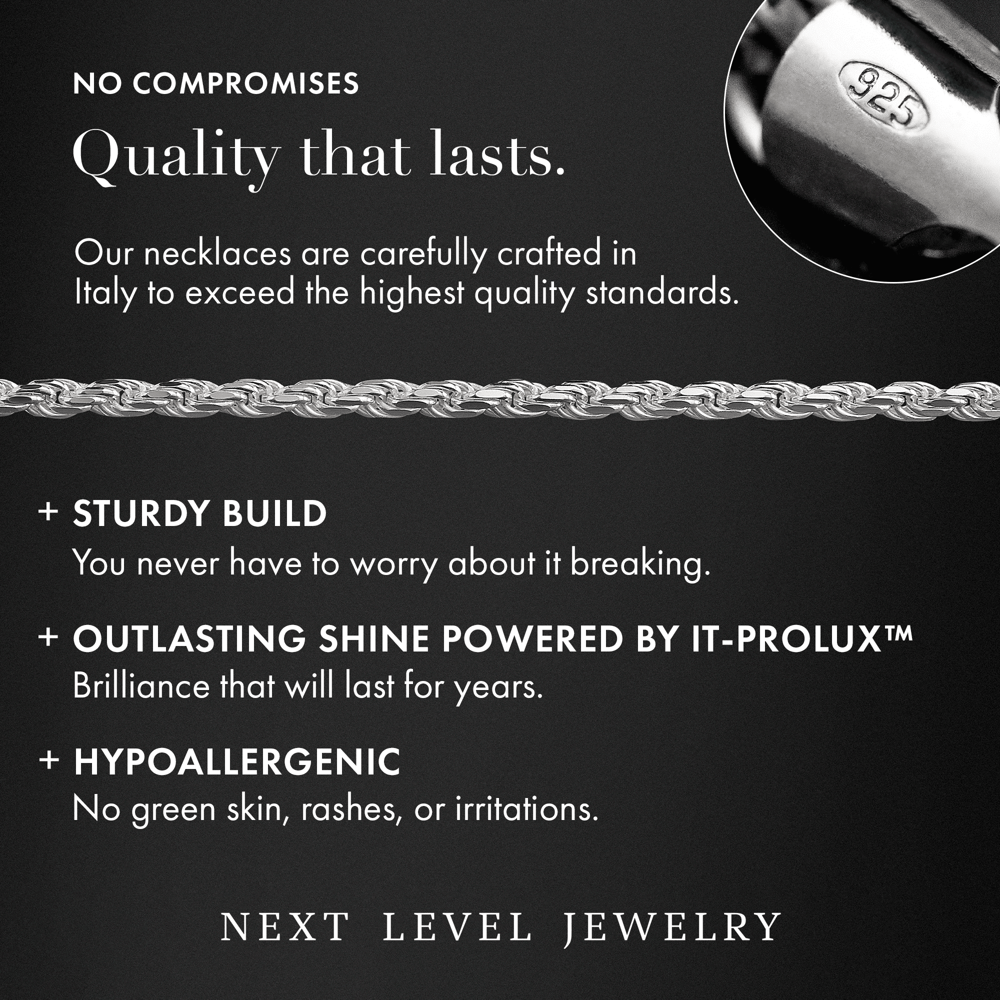 925 Sterling Silver 2MM Rope Diamond-Cut Chain Necklaces, Solid 925 Italy, Next Level Jewelry