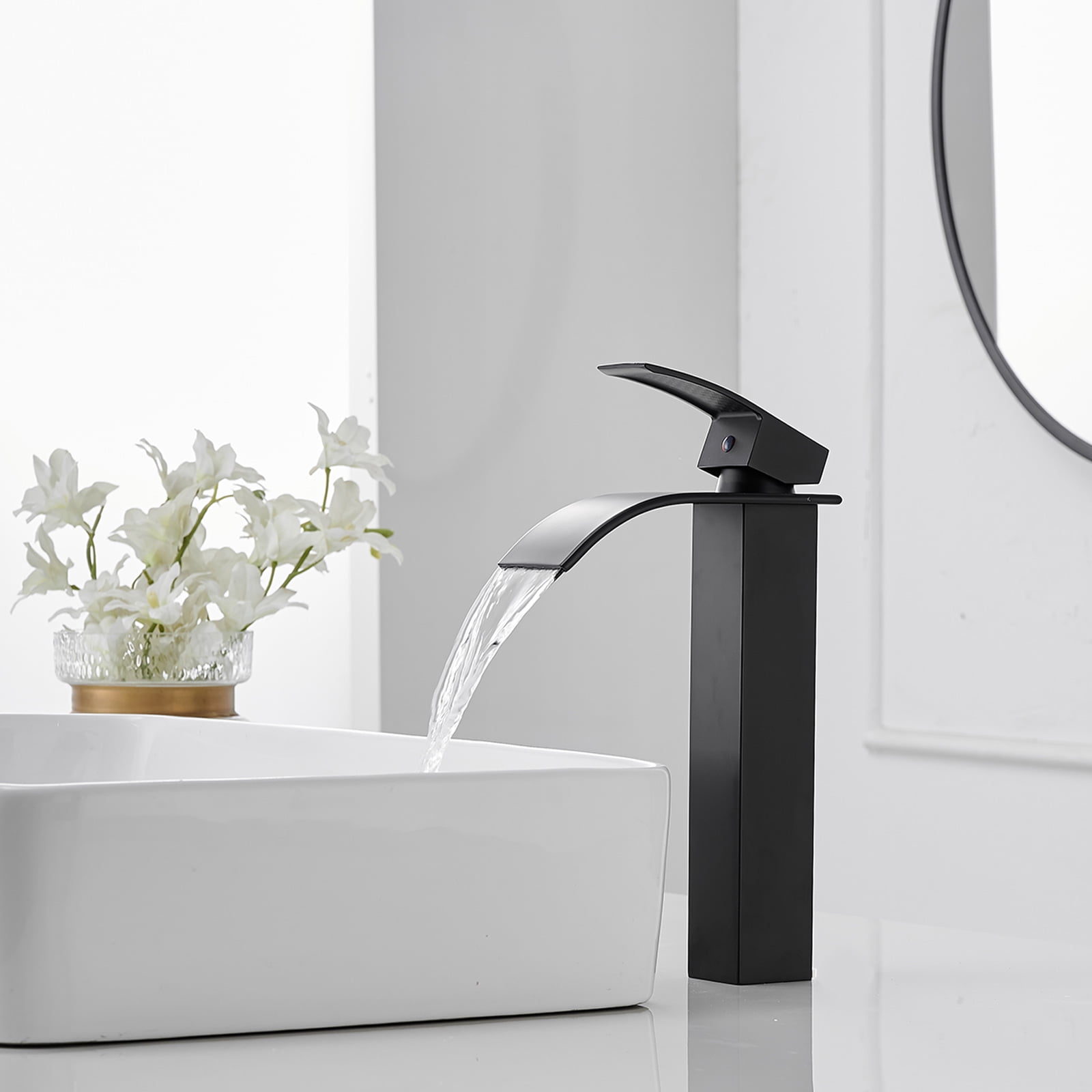 BWE Vessel Sink Faucet Modern Waterfall Matte Black Single Hole Bathroom Faucet Single Handle with Pop up Drain Without Overflow Assembly Vanity Basin Bath Sink Faucets Mixer Tap