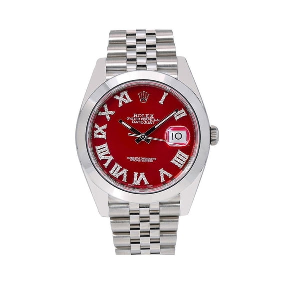Pre-Owned Rolex Datejust 41MM 126300 Red Roman Diamond Dial Smooth Bezel Stainless Steel Jubilee Bracelet