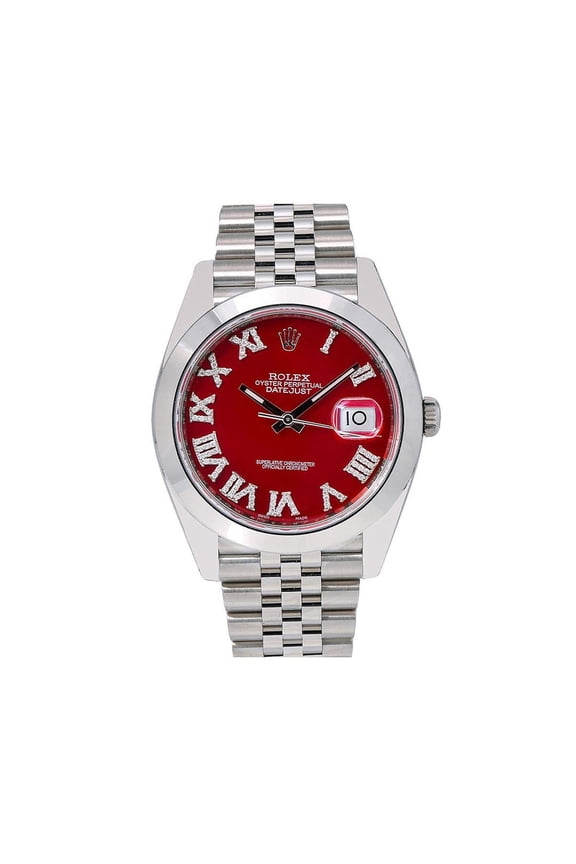Pre-Owned Rolex Datejust 41MM 126300 Red Roman Diamond Dial Smooth Bezel Stainless Steel Jubilee Bracelet