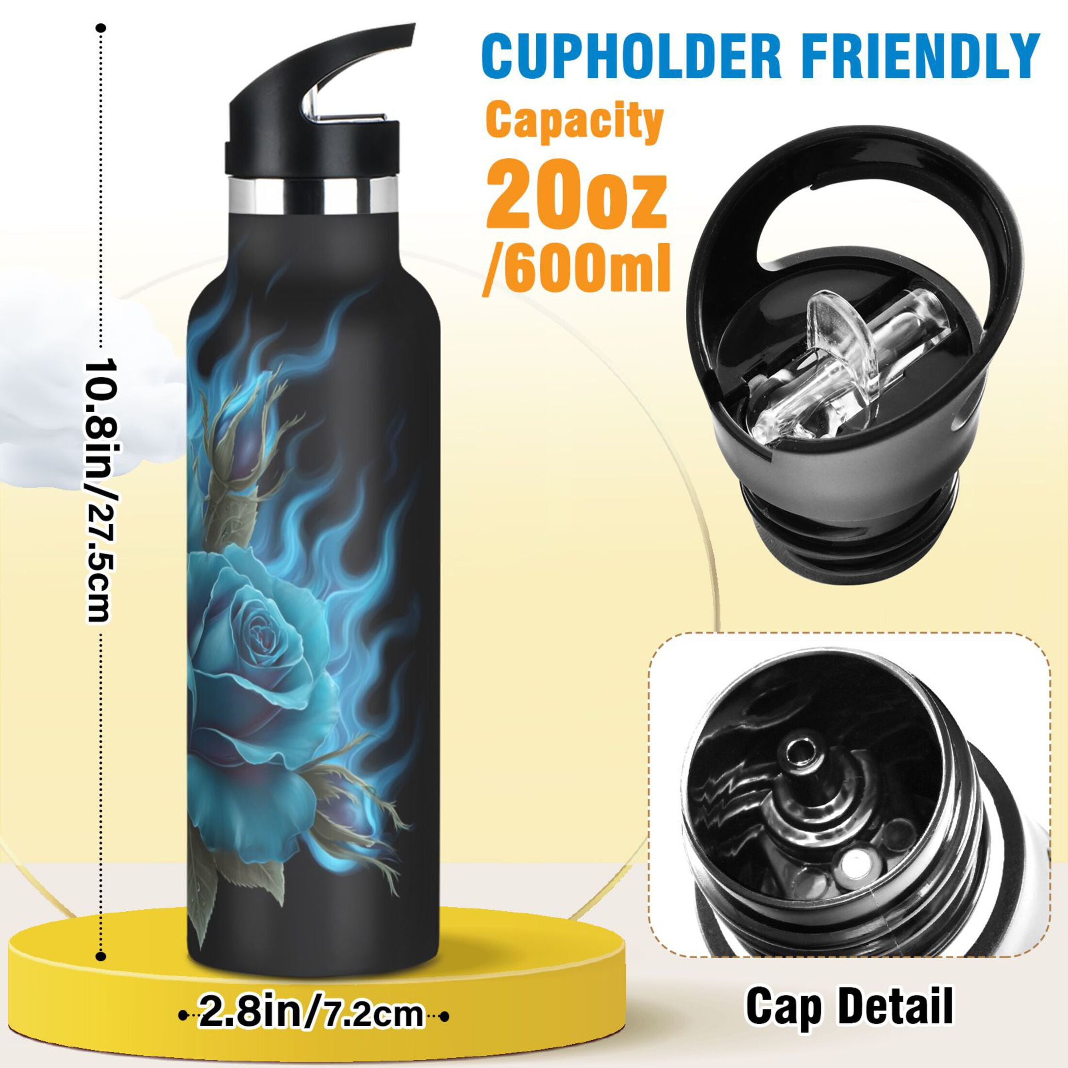 Kids Insulated Stainless Steel Sports Water Bottle 600ml (20oz) Eternal Blue Rose and Flame