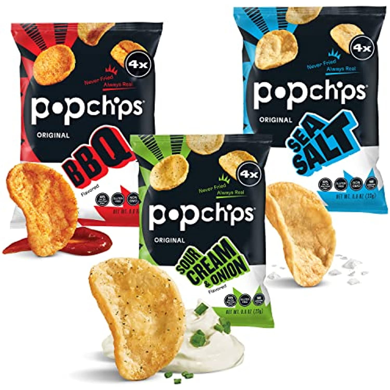 Popchips Potato Chips Variety Pack, Sea Salt, BBQ, Sour Cream & Onion, 12ct Single Serve 0.8oz Bags, Gluten Free, Healthy Snacks for Adults and Children, Non-GMO & Kosher, 100 Calories Per Bag