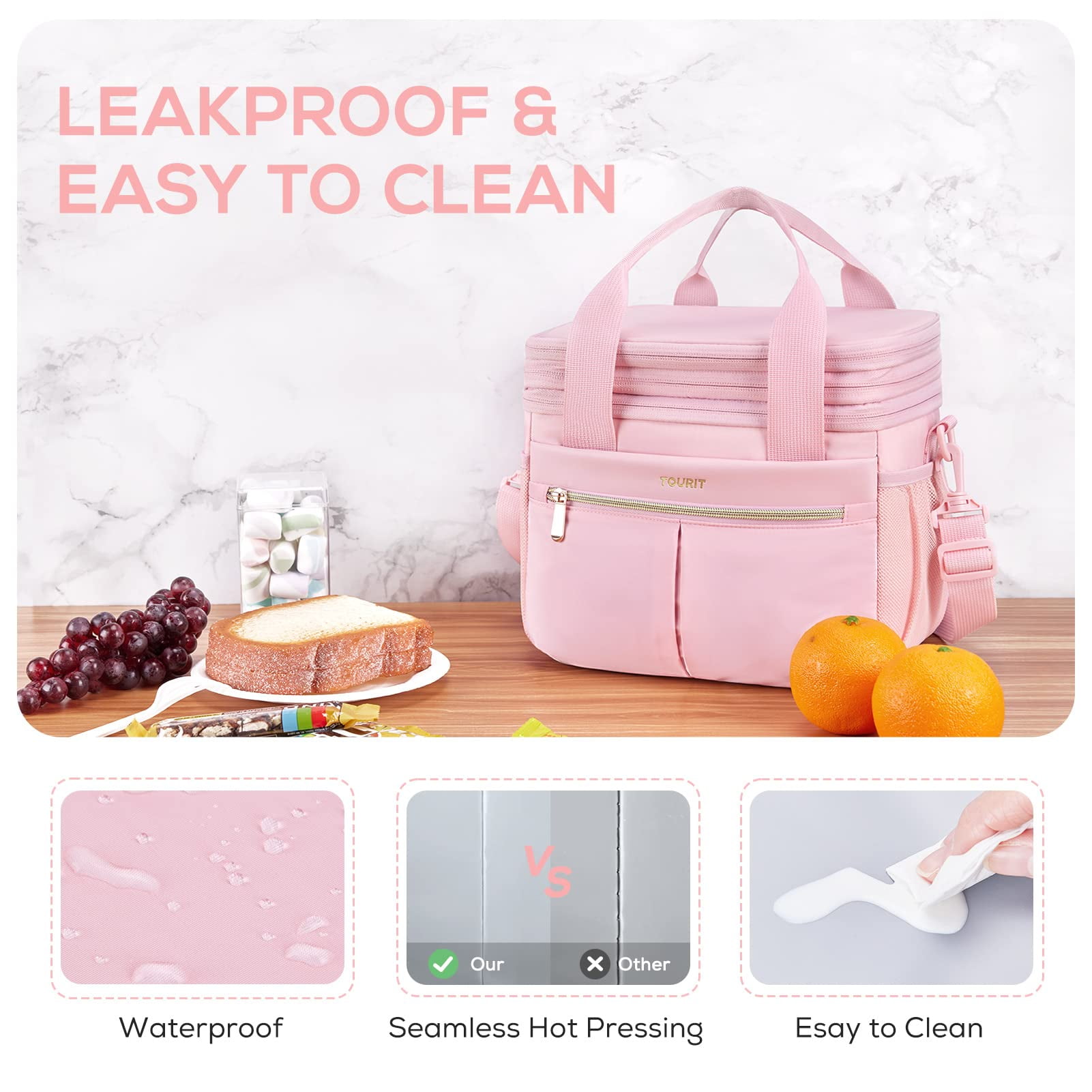 TOURIT 23 Cans Insulated Lunch Bag Expandable Reusable Lunch Box, Tote Cooler Bag with Double Deck & Leakproof Thermal for Women Men, Work School Picnic Beach, Pink