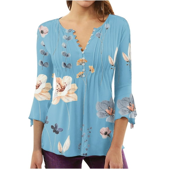 Summer Savings Clearance Tops Xihbxyly Button down Shirts for Women Floral Print Tunic Summer Tops Dressy Casual Bell 3/4 Sleeve V Neck Spring Blouses Tunic Blouse Blue XXL