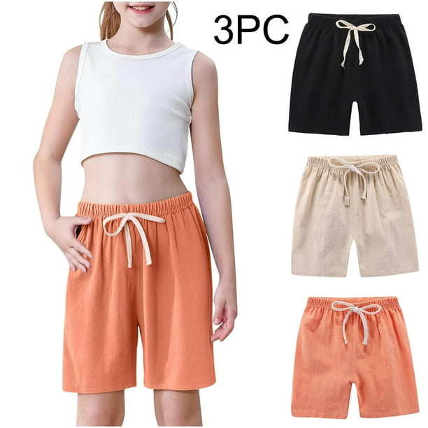 Odeerbi 2-10 Años Niños Niñas 3 Pcs Verano Algodón Lino Pantalones Cortos Entrenamiento Deportivos Cortos Lindo Color Sólido Pantalones Cortos Suaves Respirables
