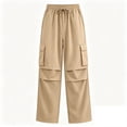 thumbnail image 4 of Cagogo Women Wide Leg Cargo Pants with Pockets Casual Loose Drawstring Long Trousers Summer Workout Lounge Beach Travel Utility Bottoms, Khaki S, 4 of 8