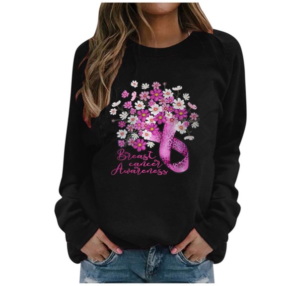 WREESH Breast Cancer Awareness Sweatshirt for Women Long Sleeve Shirts Floral Graphic Crewneck Casual Top Black