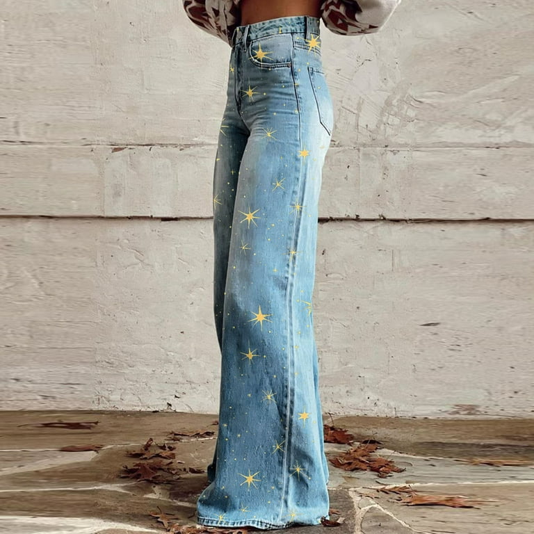 Pxkloy Stars Print Vintage Jeans for Women Wide Leg Full Length