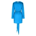 thumbnail image 4 of XFLWAM Women's Fall Satin Dress Casual Long Sleeve Ruched Wrap Dress Crew Neck Tie Waist Elegant Cocktail Party Mini Dresses Blue S, 4 of 6