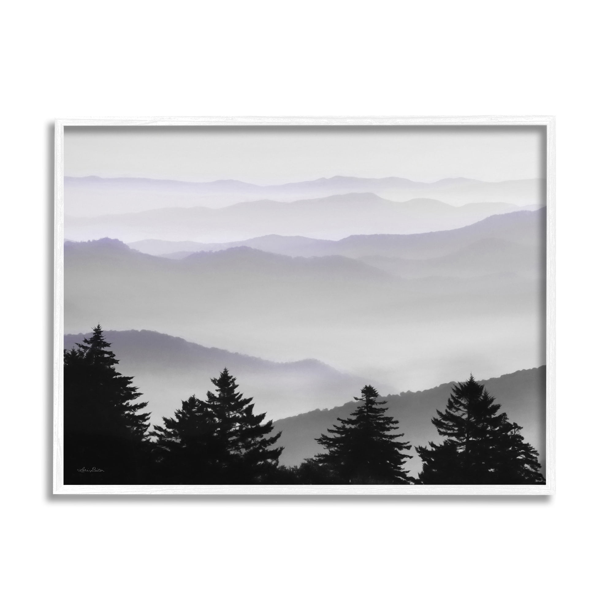 Stupell Industries Pine Trees Silhouettes Foggy Mountain Range Peaks Photograph White Framed Art Print Wall Art, Design by Lori Deiter