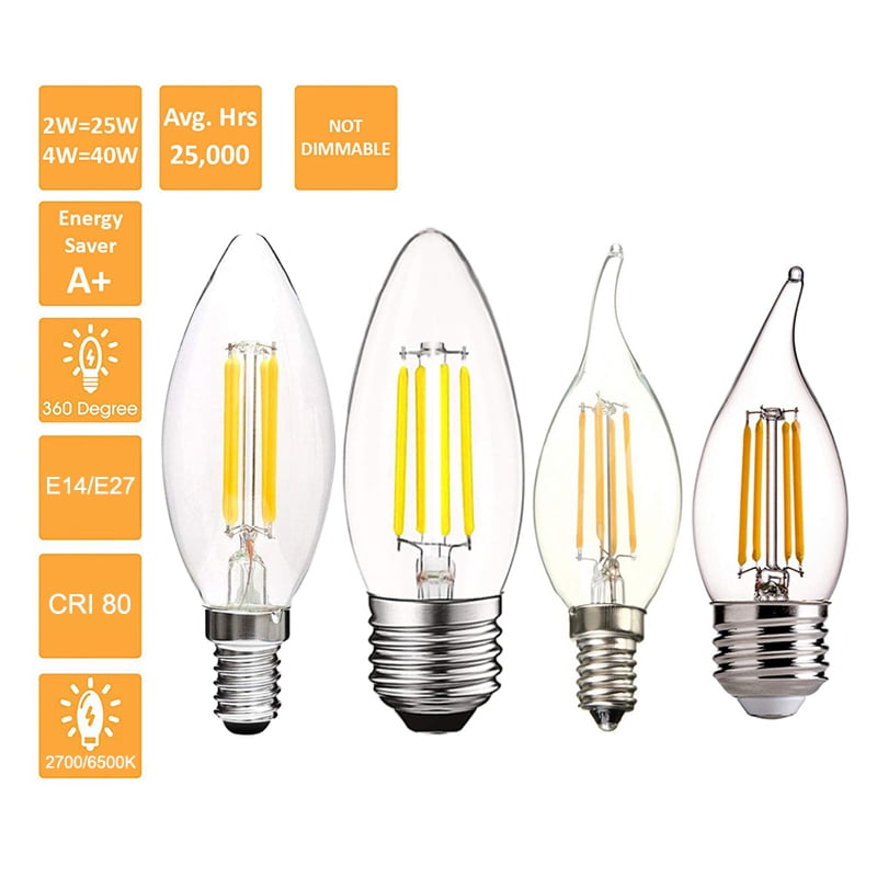 C35 Clear Flamp Tip Chandelier Bulb,2700K Warm Light,UL Listed,Pack of 6 Jiahua Trade Vinta LED Candelabra Bulb 4W Dimmable 40W Equivalent,E12 Small Base 