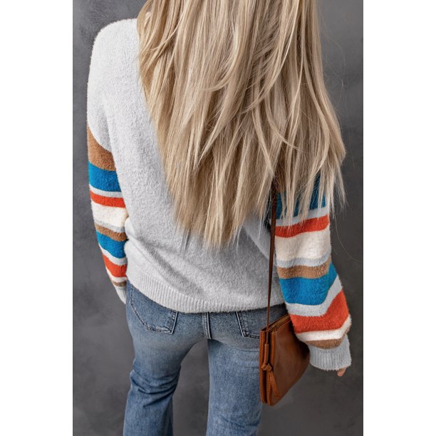 ABPHQTO Suéter gris con cuello redondo y manga farol a rayas para mujer