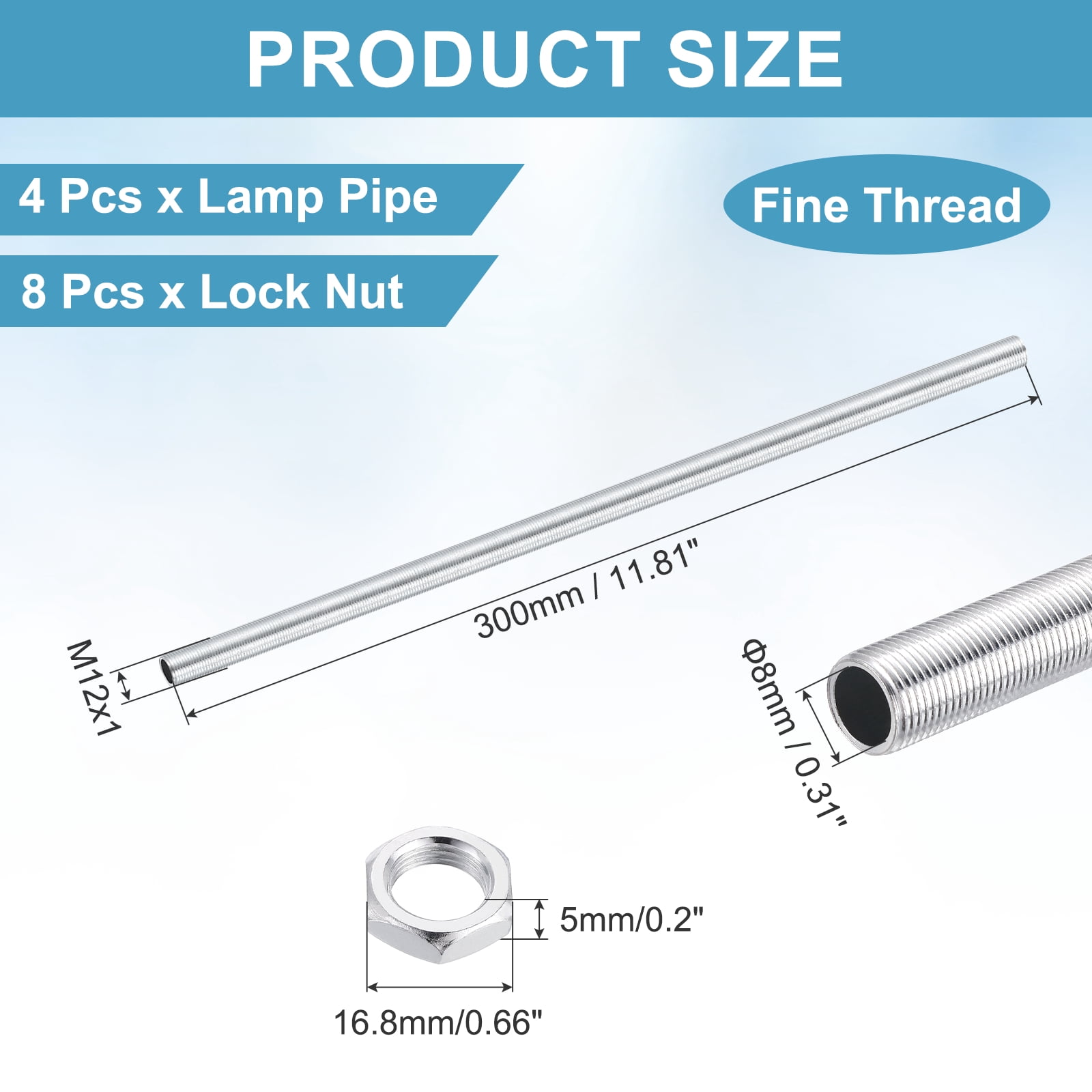 Uxcell 4Pcs 11.8" Lamp Pipe Nipples Kit with Lock Nuts, M12x1 Fine All Threaded Hollow Tube Lamp Repair Hardware Fasteners for Chandelier Ceiling Lamps Assembly DIY, White Zinc