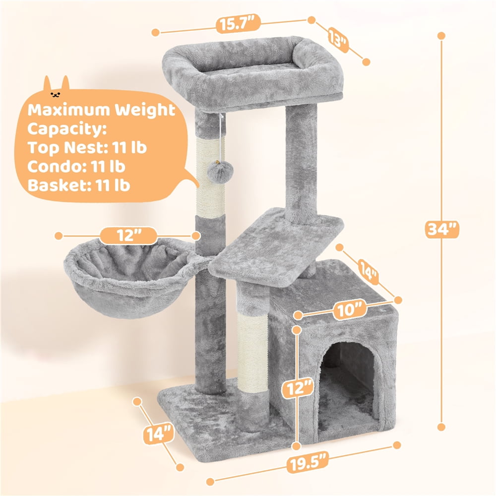Yaheetech 34" Height Plush Cover Cat Tree with Condo and Sisal Ropes Posts, Light Gray